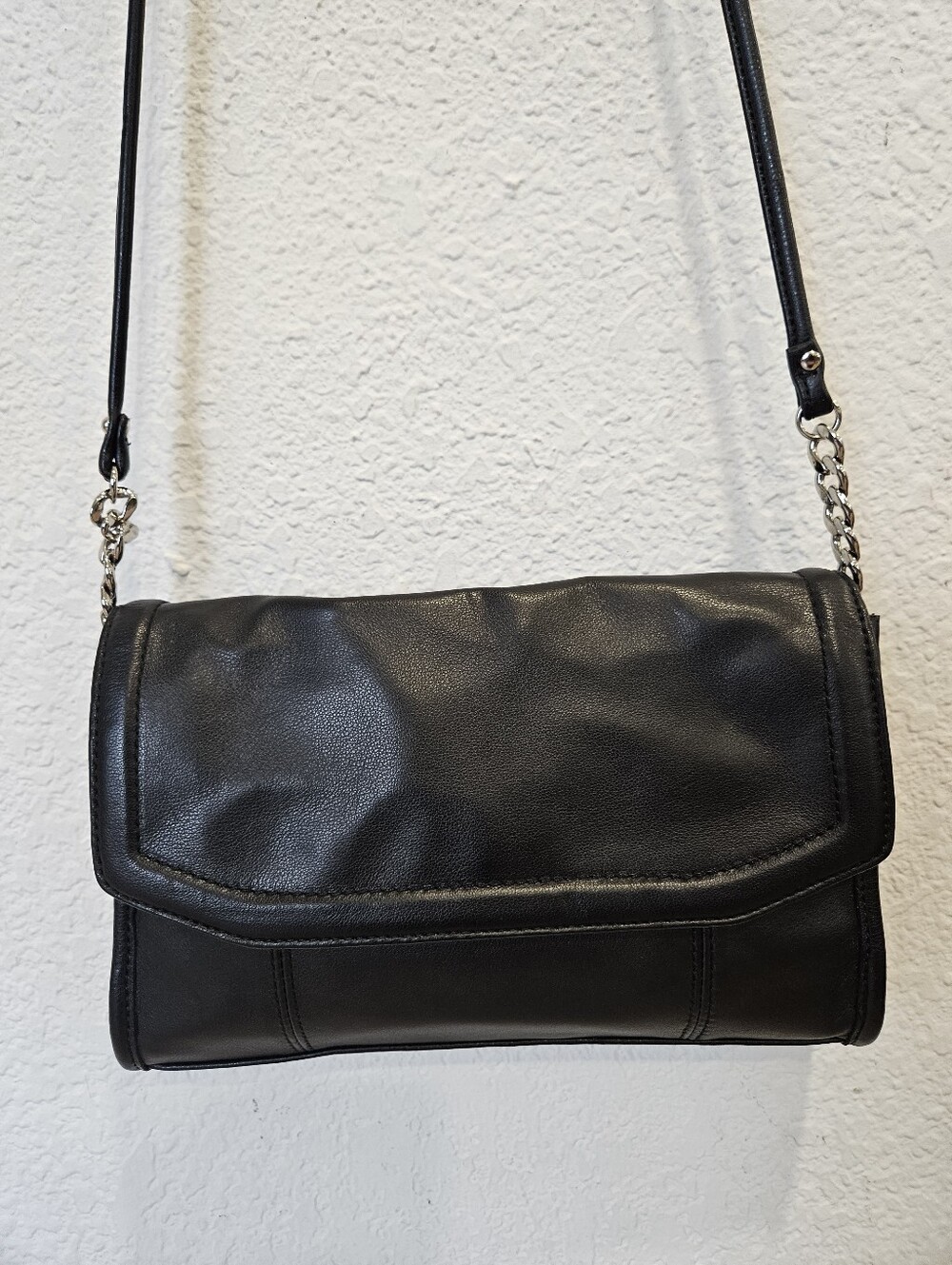 Tignanello Black Leather Foldover Crossbody Bag with Leopard Accent
